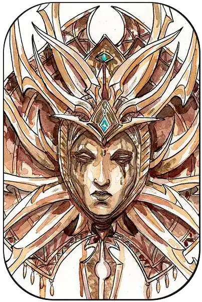 Ink and watercolour of the Lady of Pain, a calm face inside a crown of curved blades.