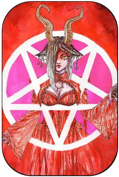 Hail Seitan: watercolour of a horned woman in a red lace gown in front of a white pentagram.